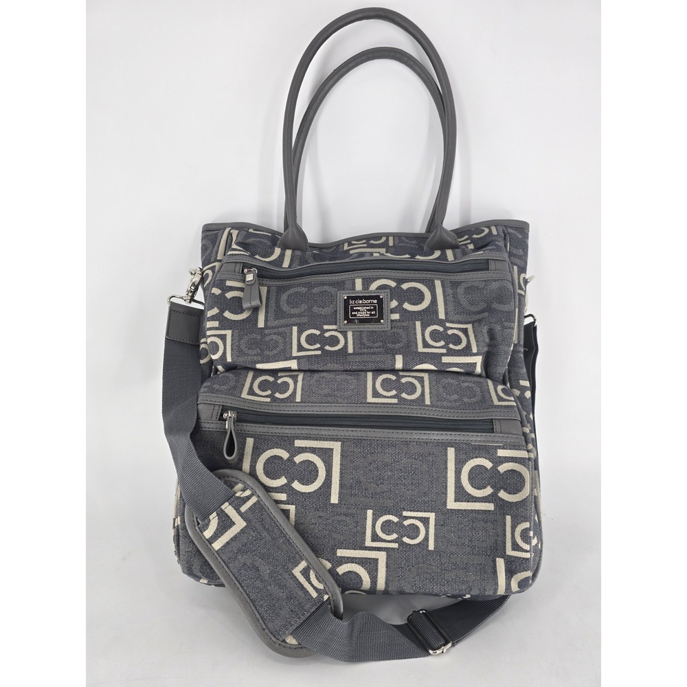 Large 16" Liz Claiborne Work Bag Randa Luggage Laptop Tote Fabric Gray & White